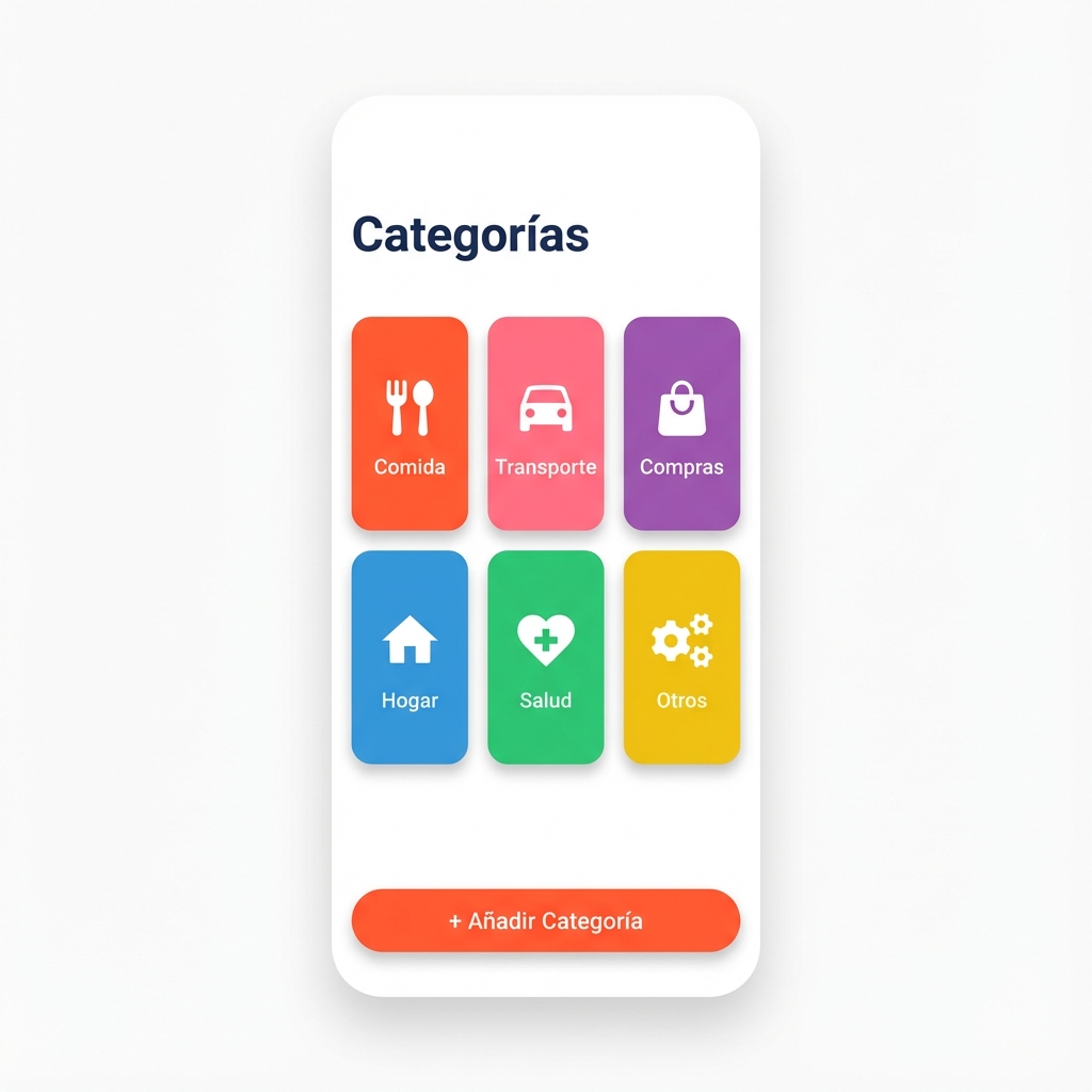 Pantalla de gestión de categorías personalizadas con iconos