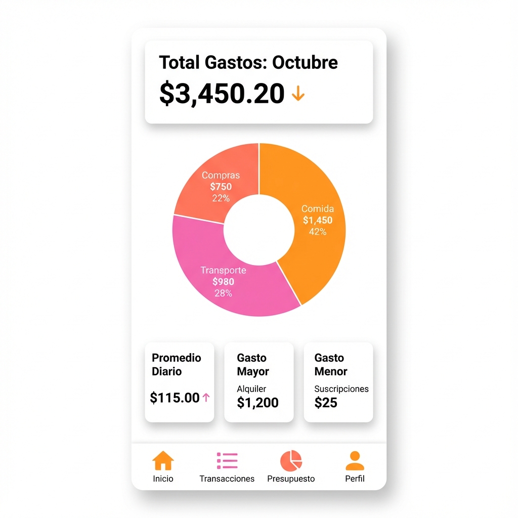 Dashboard principal con resumen de gastos del mes y total ahorrado